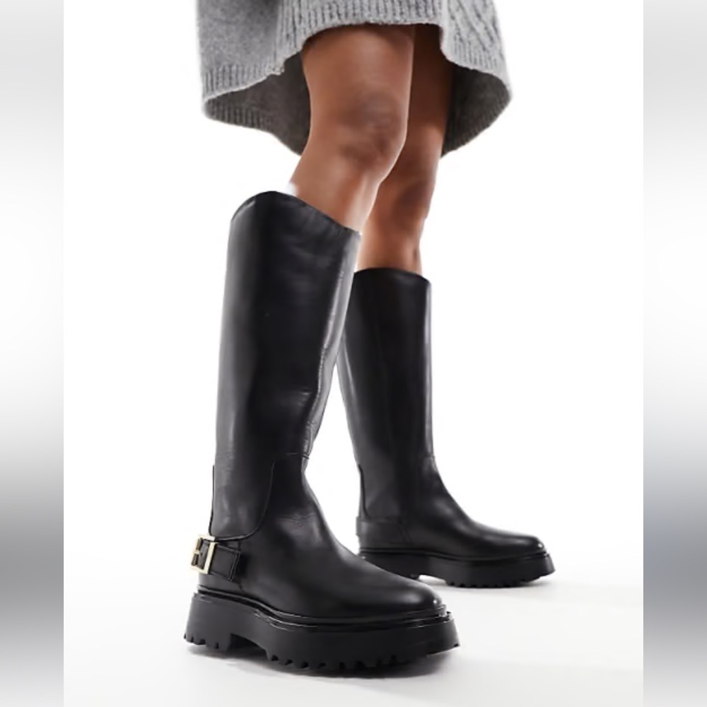 AllSaints Opal leather buckle pull on boot in black EU 38 US 8